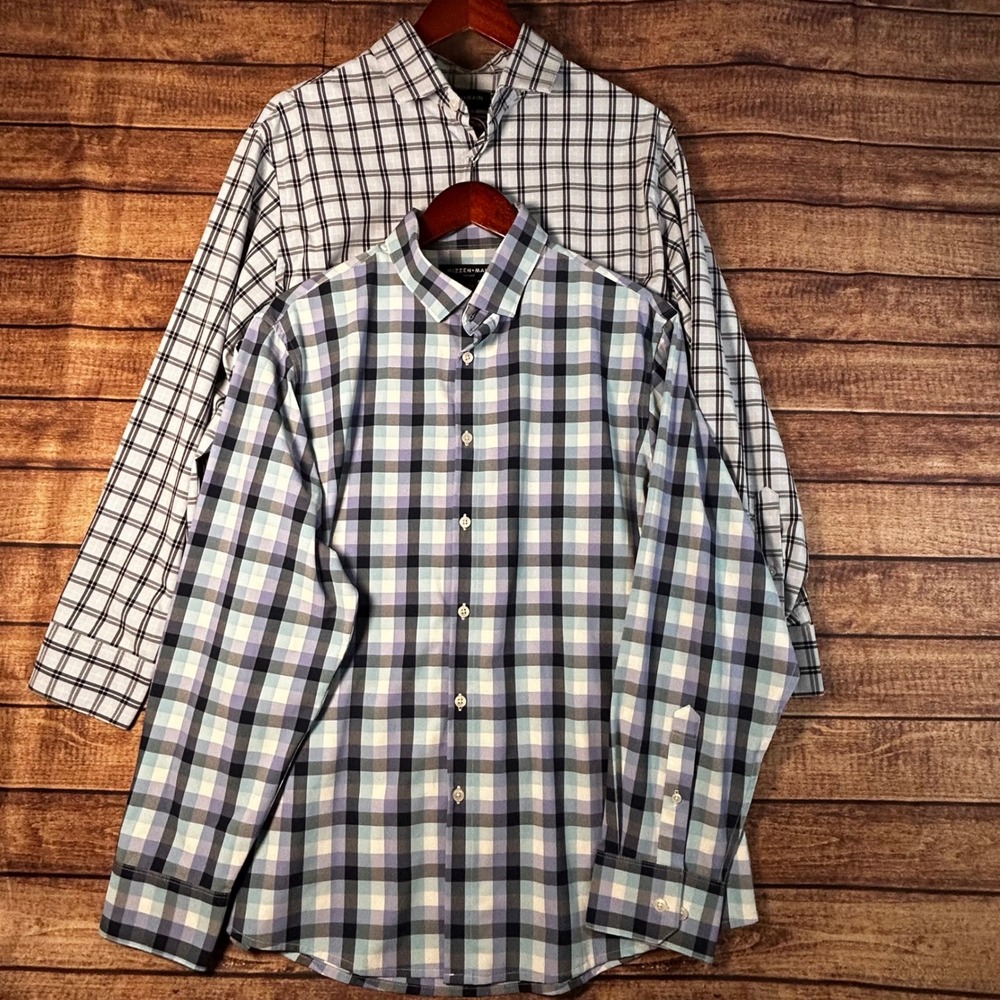 Mizzen+Main Lot of 2 Leeward Classic Mens Blue Plaid Performance Dress Shirt L